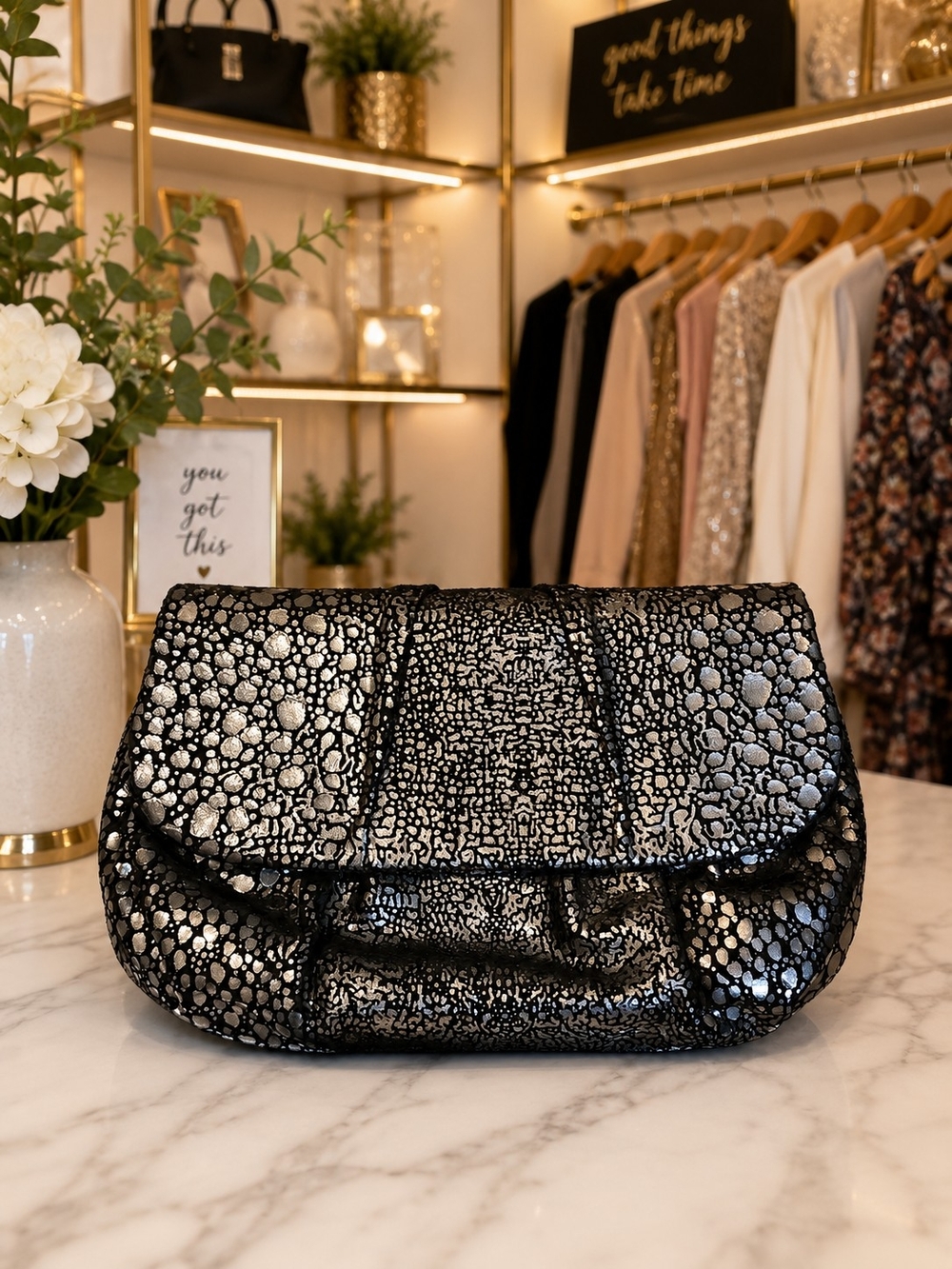 Inge Christopher Vintage metallic reptile-print leather mini clutch
